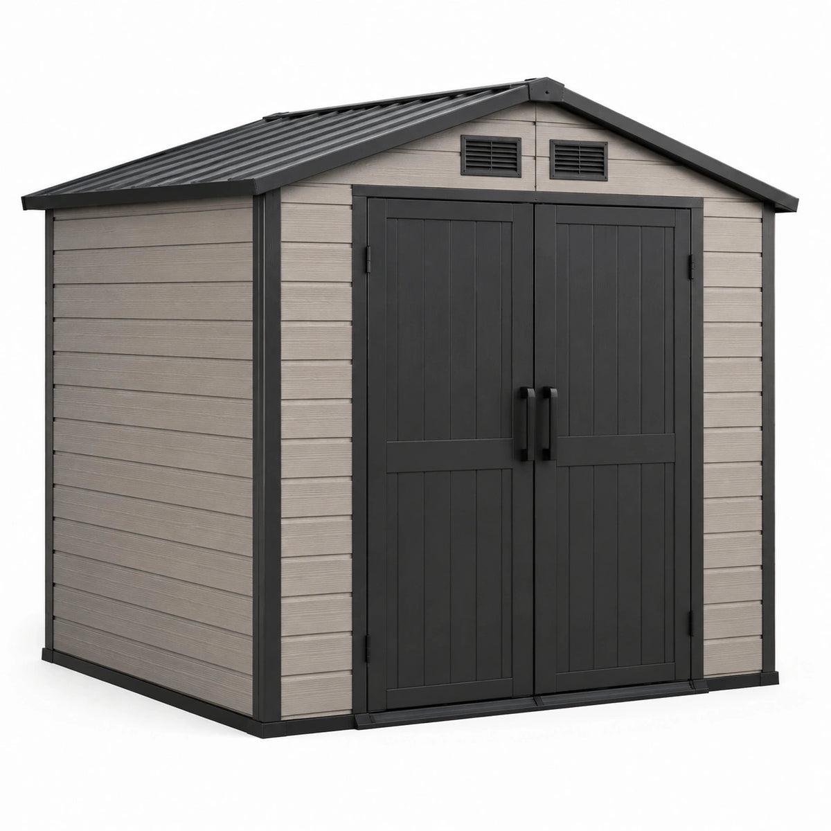 Abri de jardin en résine beige et gris avec ventilation intégrée