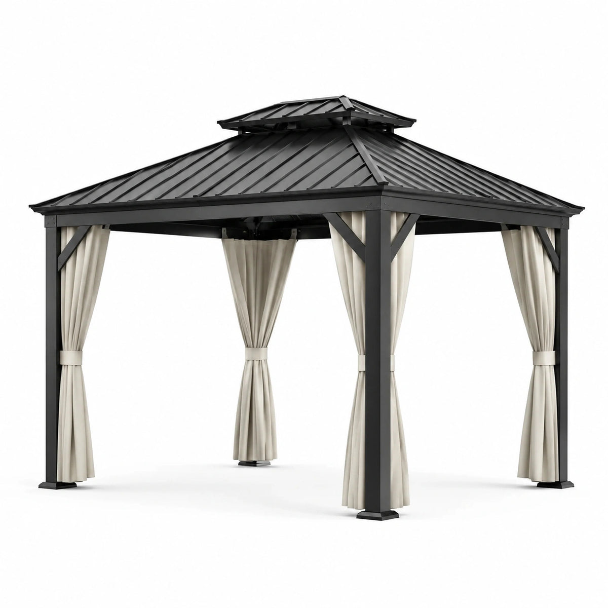 Pavillon de jardin en aluminium avec toit en acier et rideaux en polyester