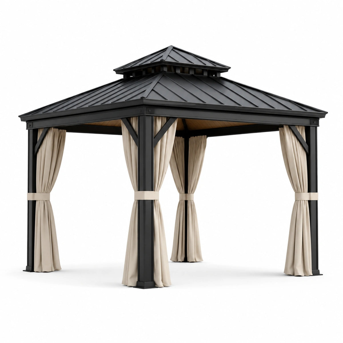 Pavillon en aluminium et acier noir avec rideaux beige 3x3m