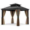 Pavillon de jardin en métal avec toit en acier et rideaux beiges