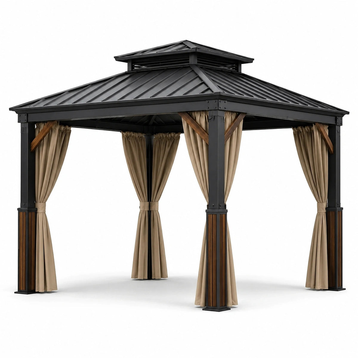 Pavillon de jardin en métal avec toit en acier et rideaux beiges