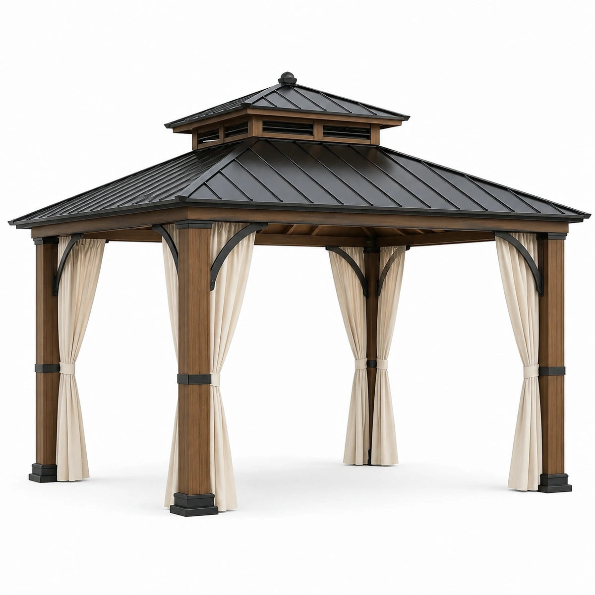 Pavillon de jardin en bois et métal avec rideaux polyester 3x3m