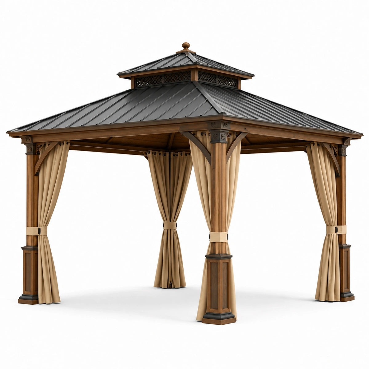 Pavillon de jardin en bois avec toit en métal et rideaux en polyester 3x3 m