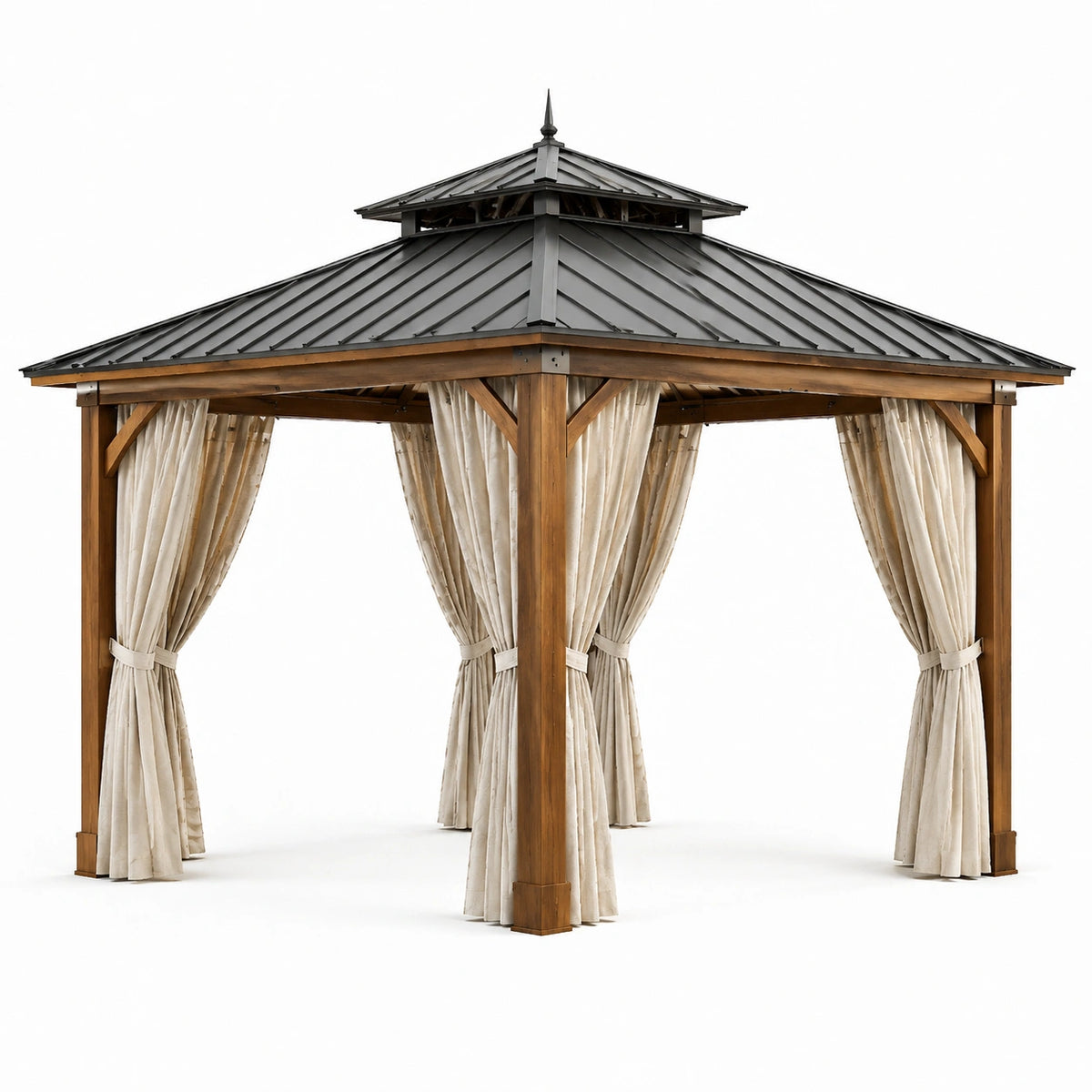 Pavillon de jardin en bois et acier avec rideaux en polyester 3x4 m