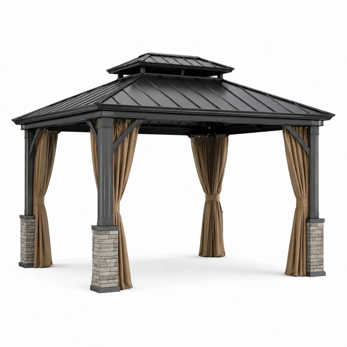 Pavillon de jardin en aluminium avec toit en acier et rideaux en polyester