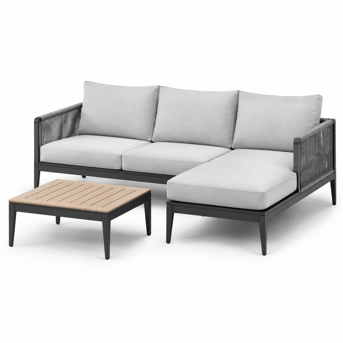 Ensemble de salon de jardin en aluminium avec coussins en polyester gris et table basse