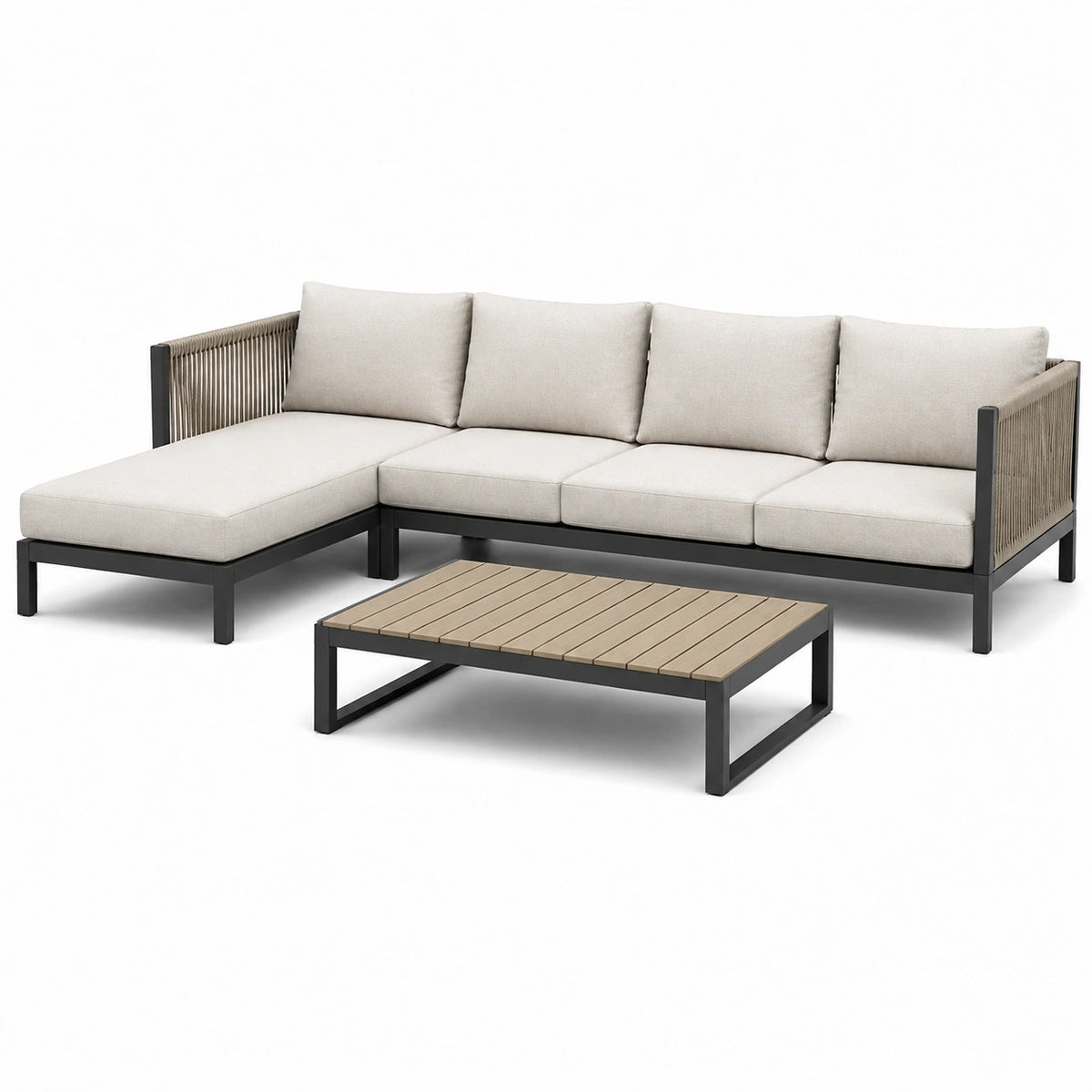 Ensemble de salon de jardin en aluminium et tissu beige avec table basse