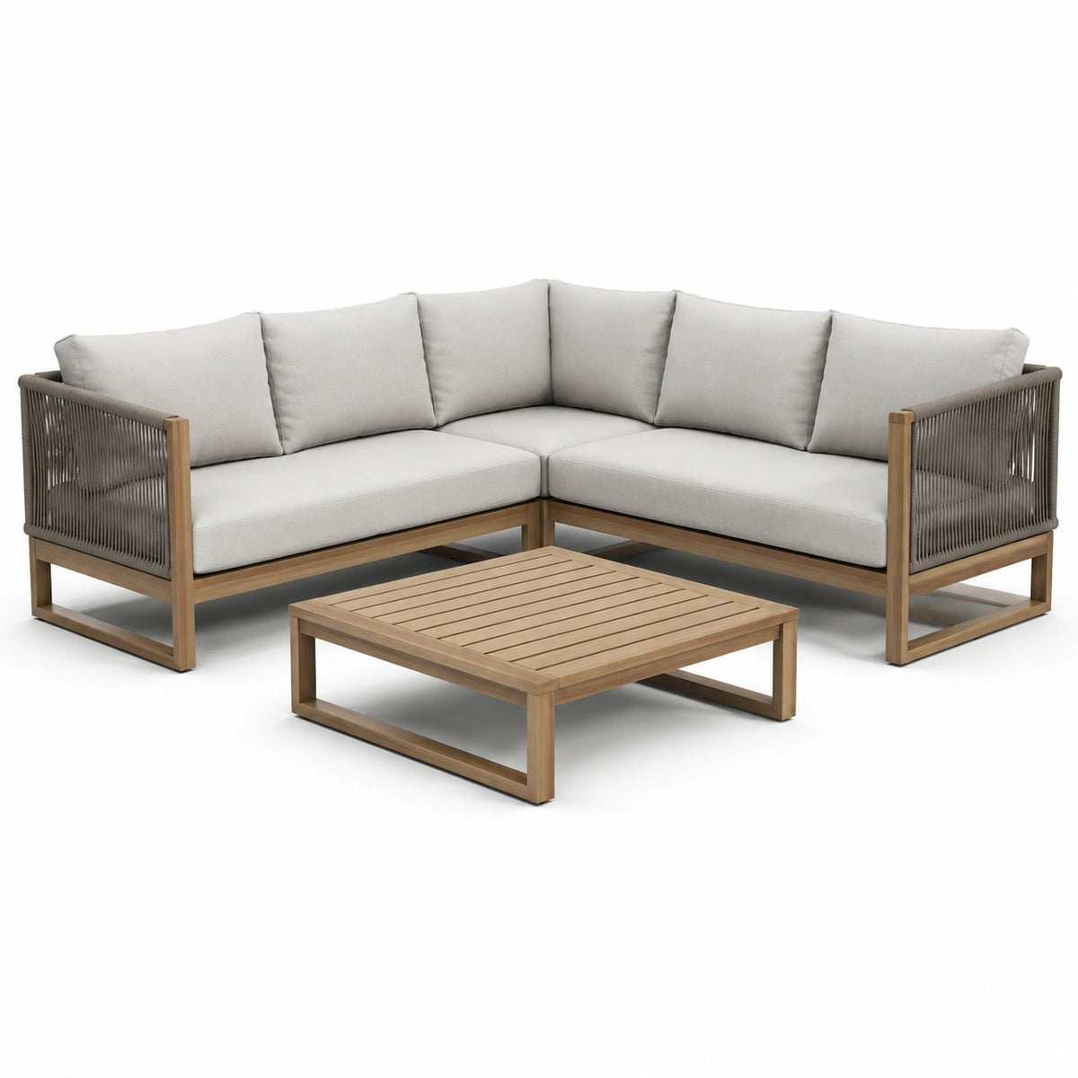 Ensemble de canapé d'angle en bois avec coussins polyester gris et table basse