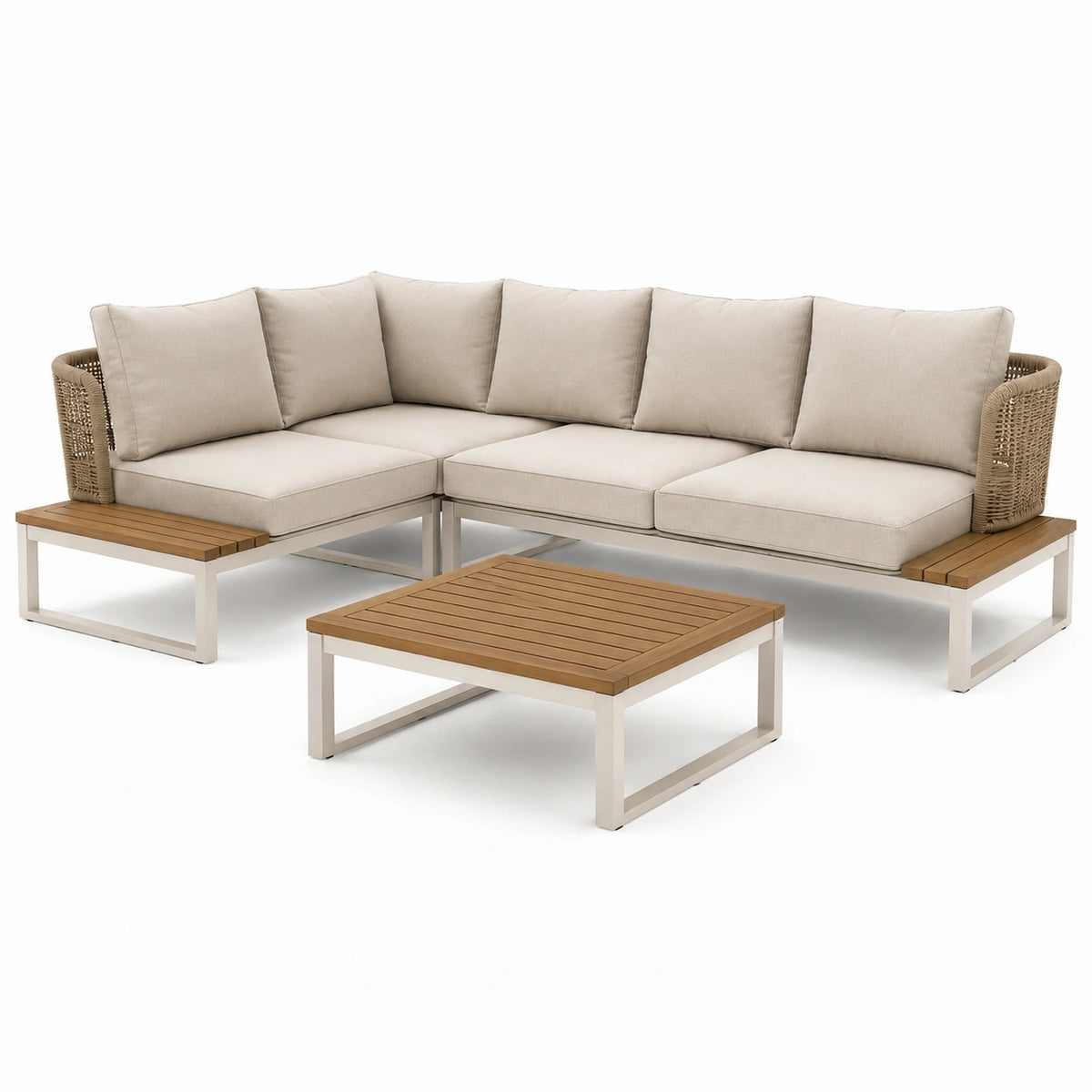 Ensemble de salon d'extérieur en aluminium et bois avec coussins beige