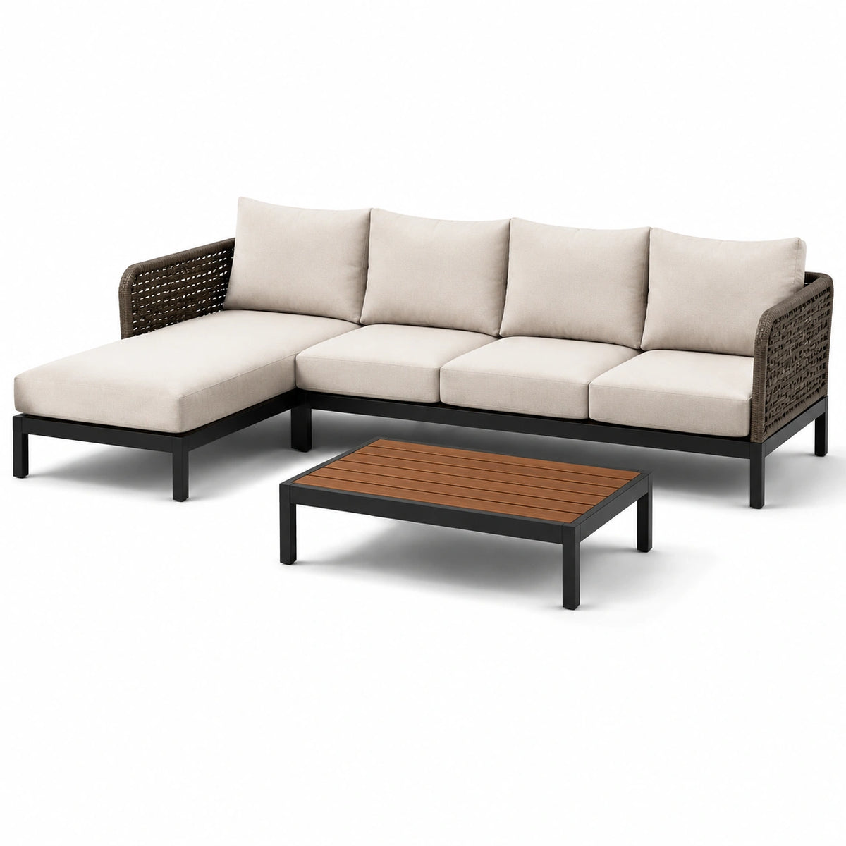 Ensemble de jardin en métal et rotin avec coussins en tissu beige