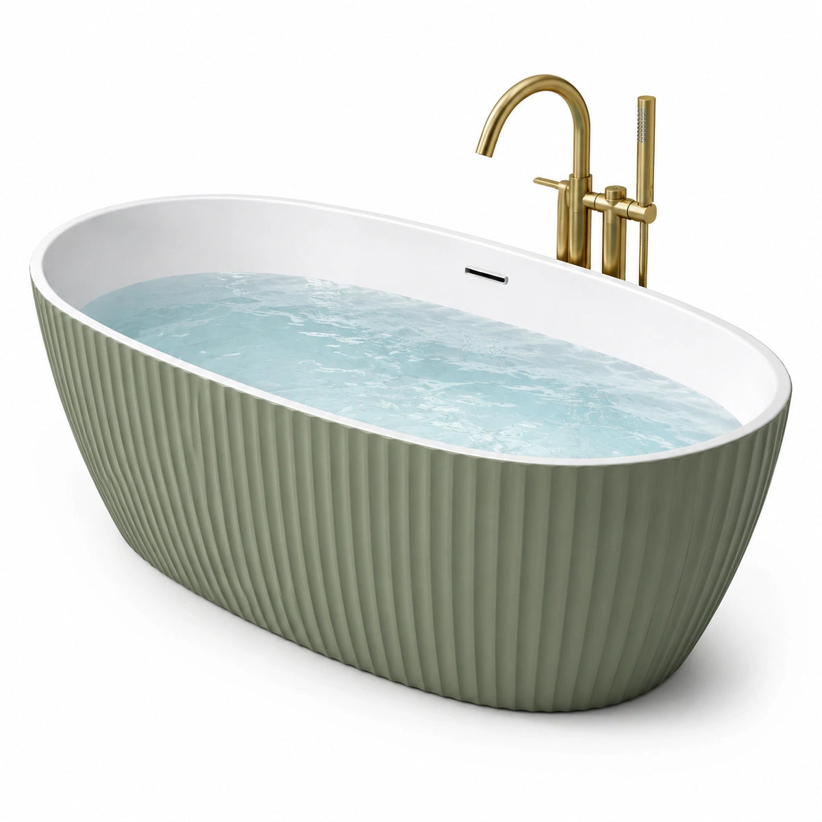 Baignoire îlot acrylique blanc et vert olive avec robinet laiton