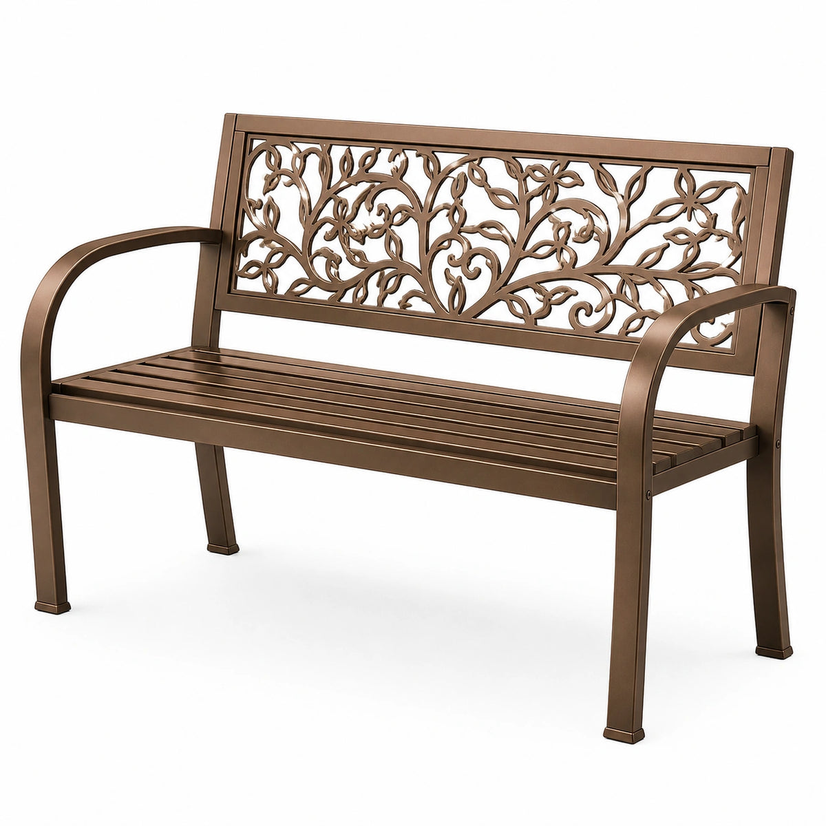 Banc de jardin en métal avec motif floral en bronze