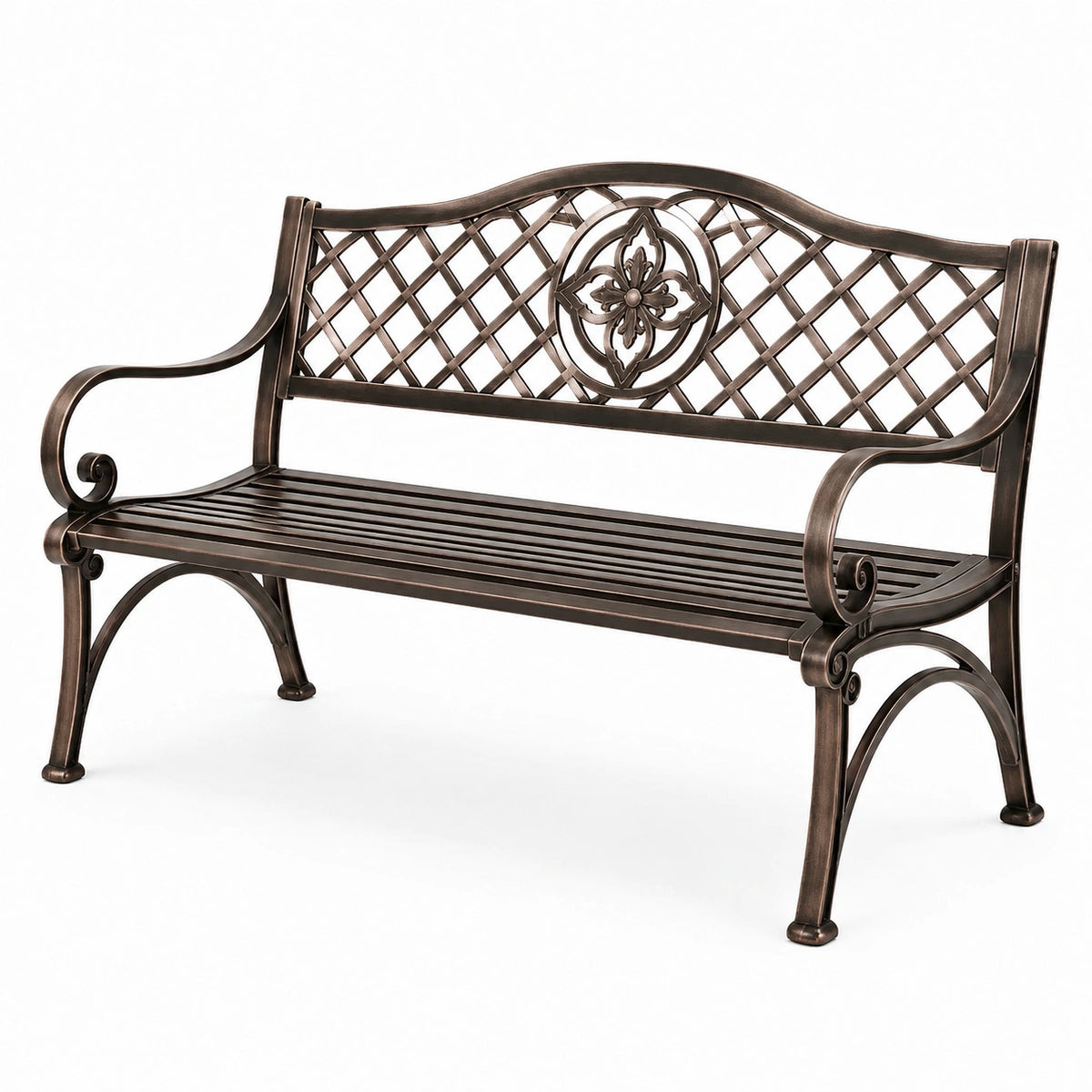 Banc de jardin en métal brun avec dossier décoratif 120cm