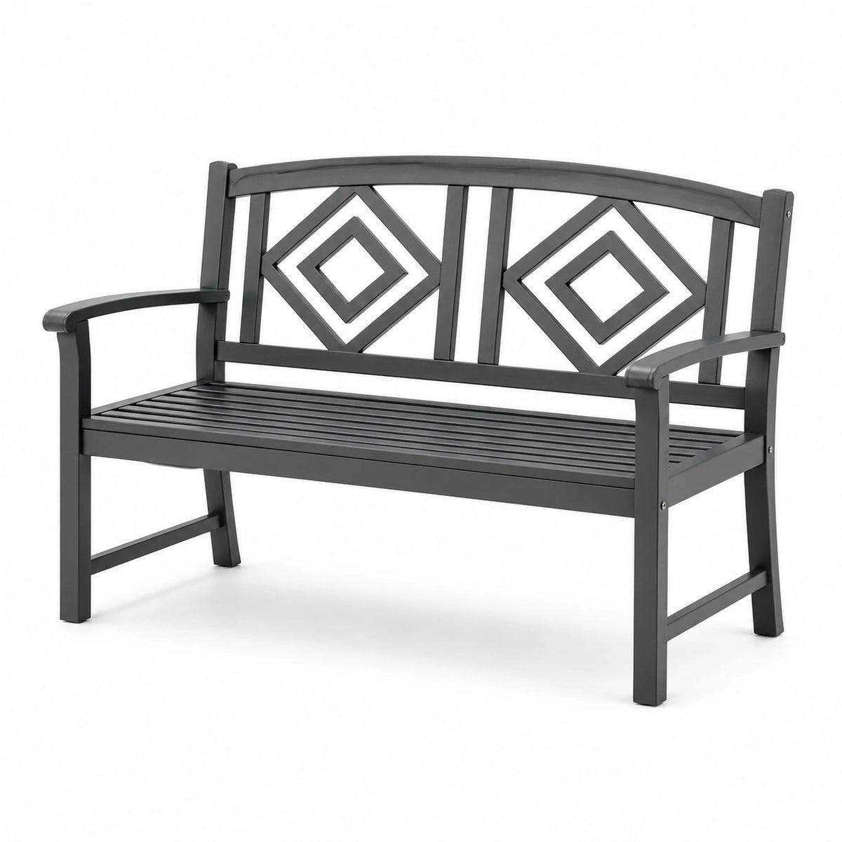 Banc de jardin en métal gris avec motif géométrique