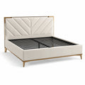 Cadre de lit en bois beige avec tête de lit en simili-cuir et pieds métalliques