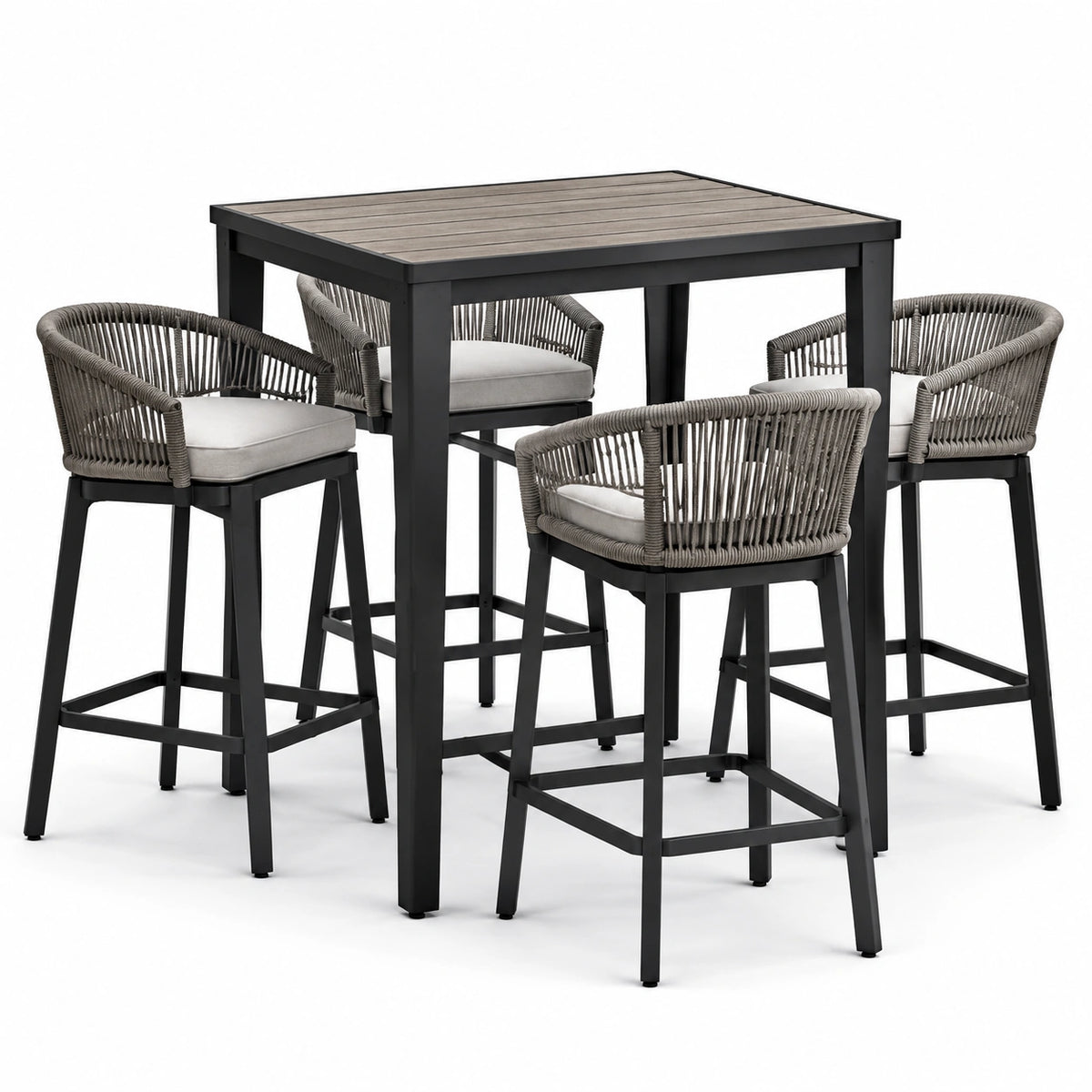Ensemble table haute aluminium avec tabourets en corde polyester 4 pièces