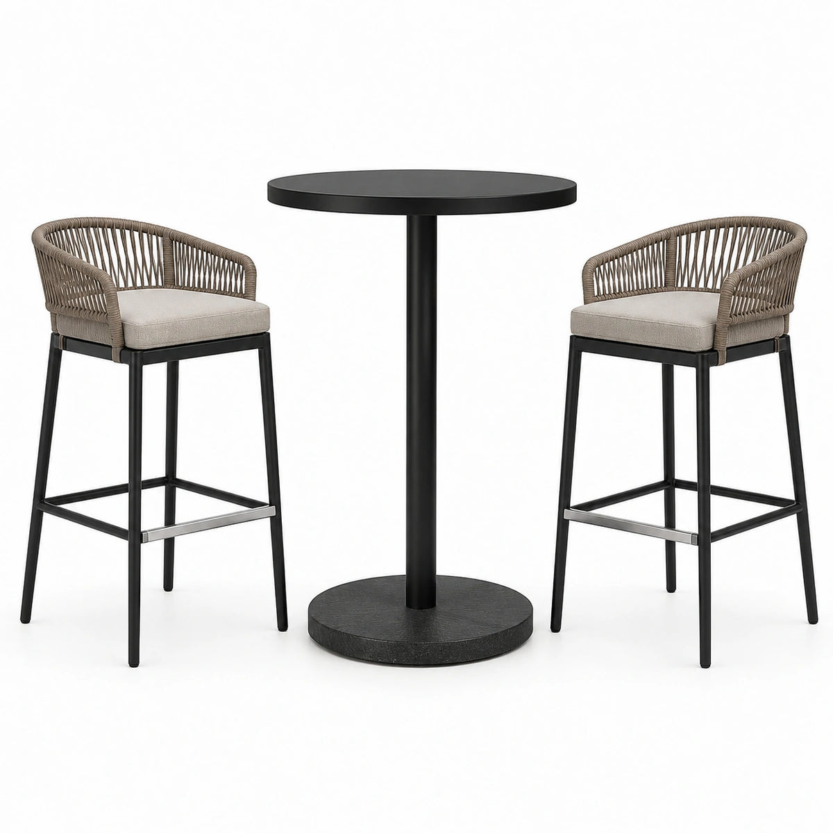 Ensemble table haute ronde en métal noir avec tabourets en rotin synthétique et coussins beiges