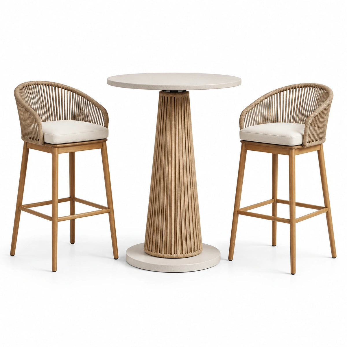 Ensemble table haute ronde bois et béton avec tabourets en corde beige