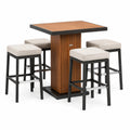 Ensemble table haute carrée en bois et tabourets en métal avec sièges en tissu beige