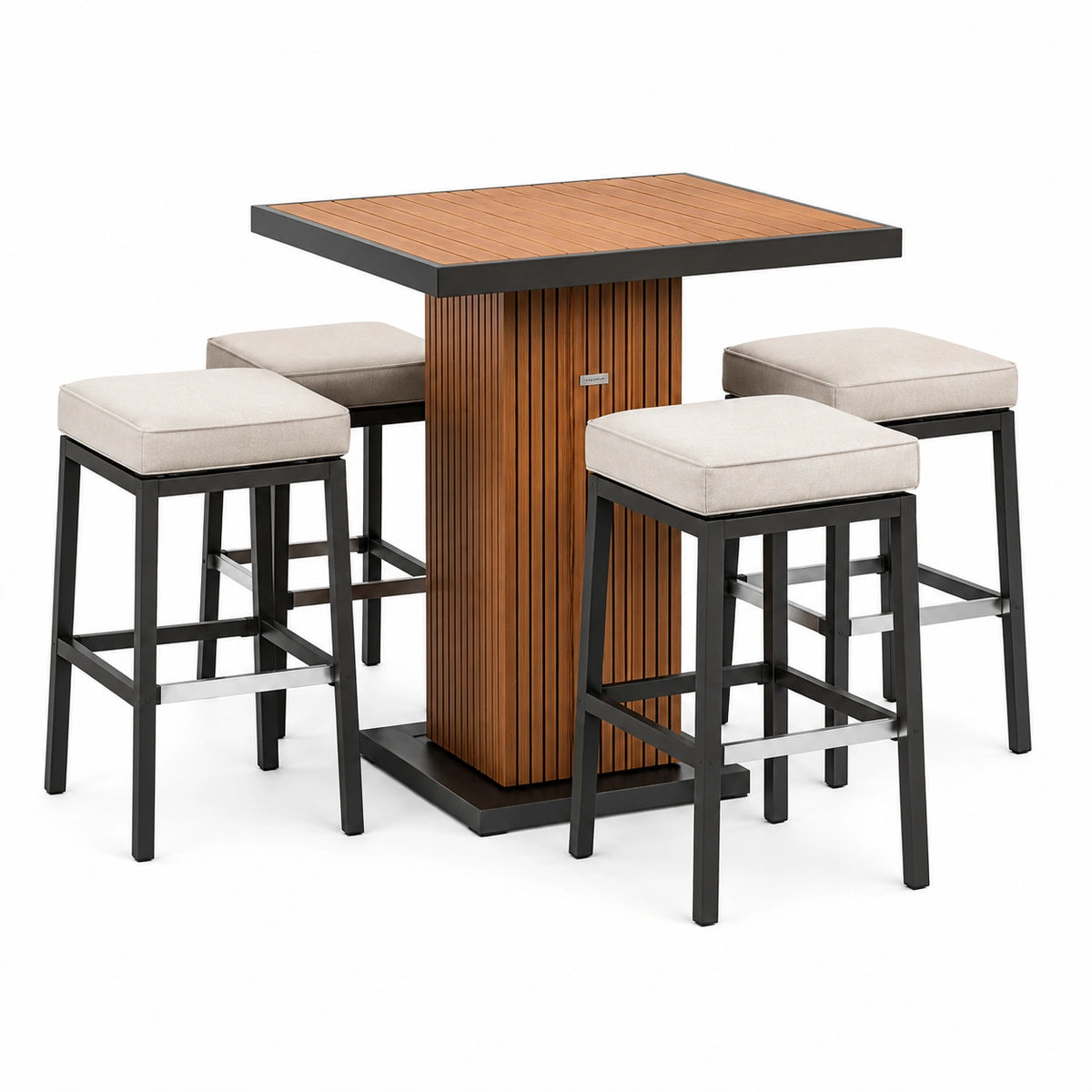 Ensemble table haute carrée en bois et tabourets en métal avec sièges en tissu beige