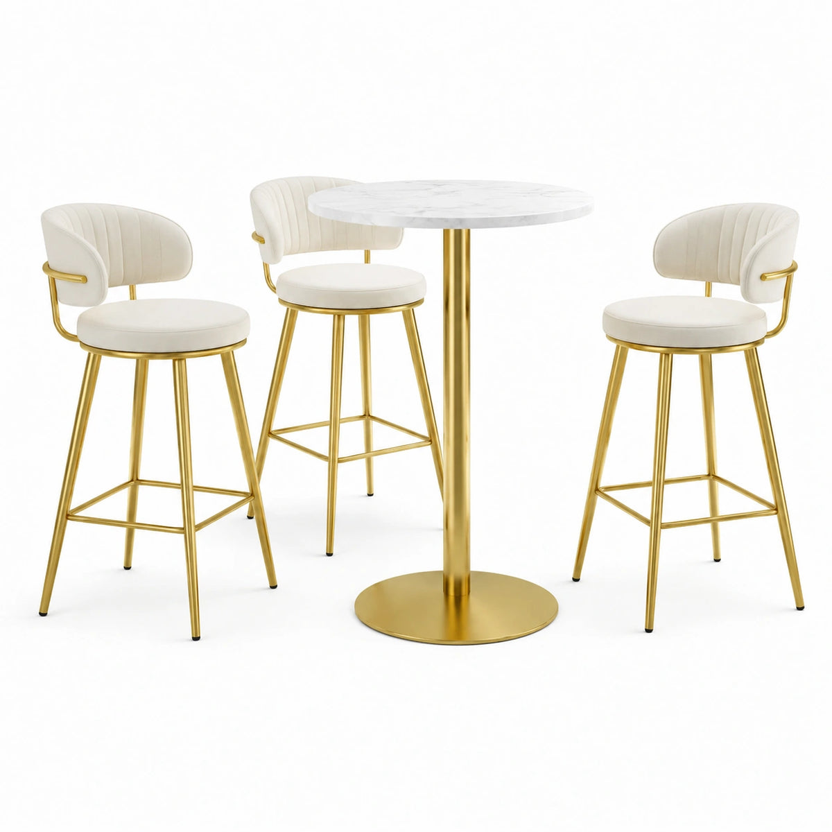Ensemble de table haute en marbre et tabourets en velours et métal doré