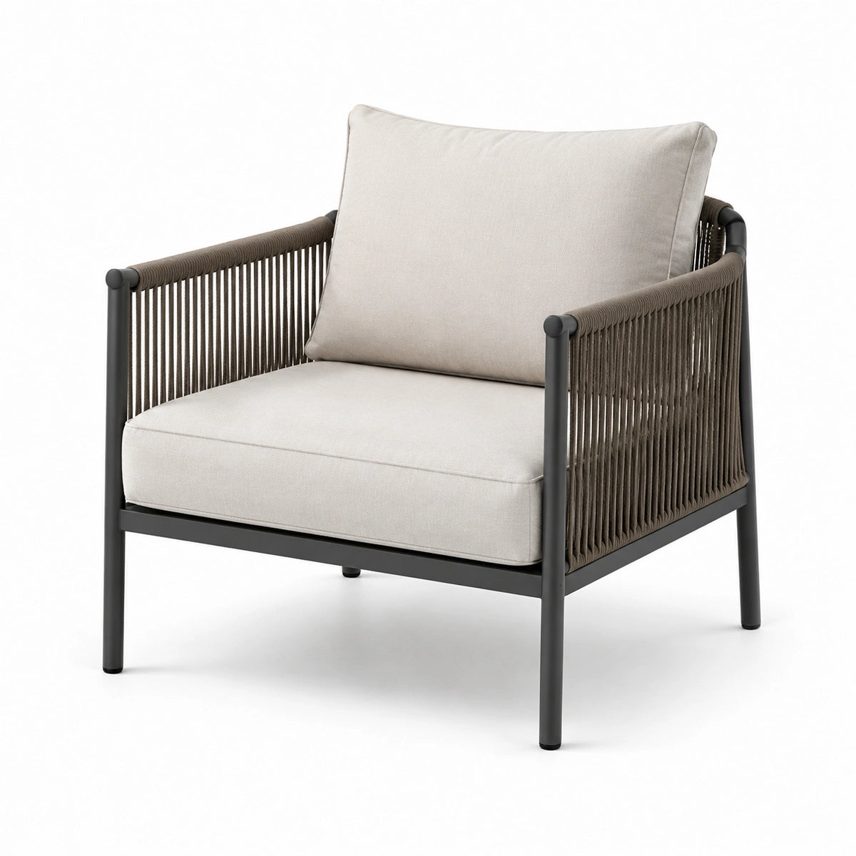 Fauteuil en métal et corde avec coussins beiges