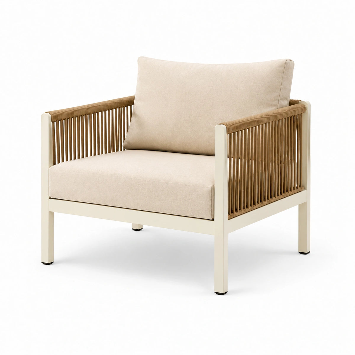 Fauteuil en aluminium avec corde et coussins en polyester beige