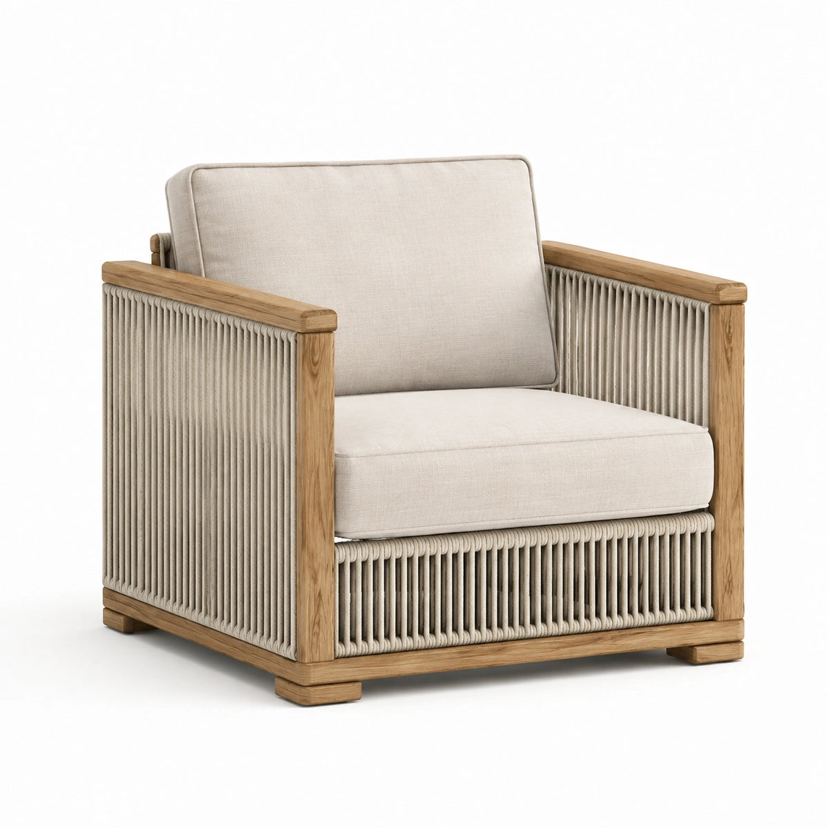 Fauteuil en bois et corde avec coussins beiges