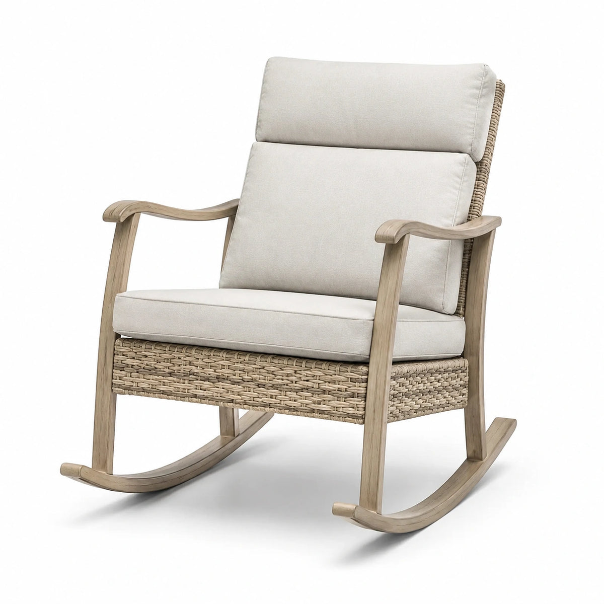 Fauteuil à bascule en bois et rotin avec coussins beige