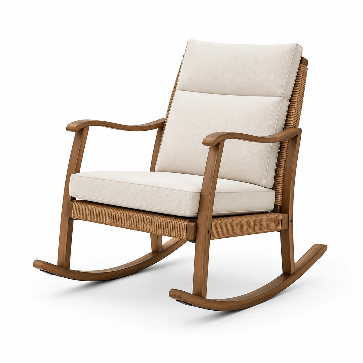 Chaise berçante en bois et rotin avec coussins beige