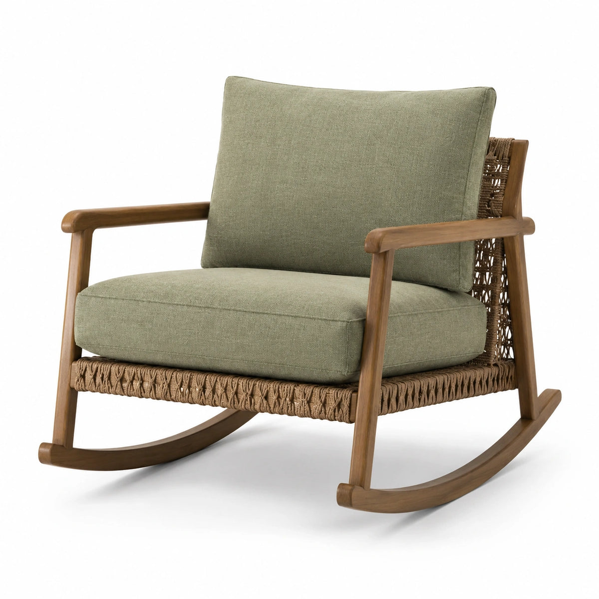 Fauteuil à bascule en bois avec coussins en polyester verts