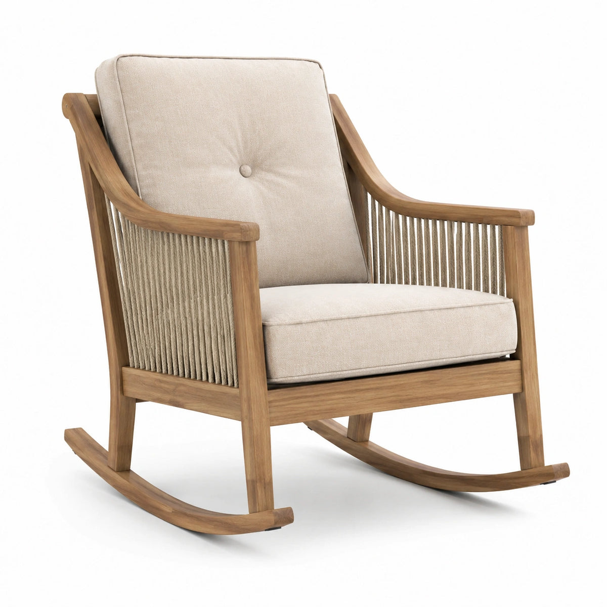 Fauteuil à bascule en bois et tissu beige