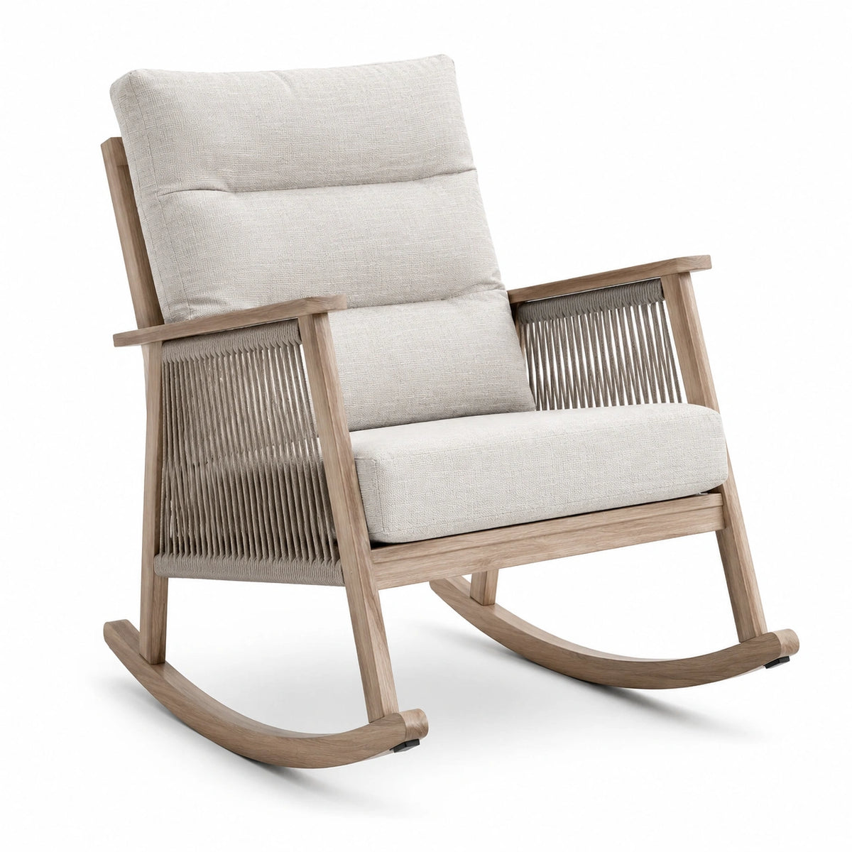 Fauteuil à bascule en bois et corde avec coussins en polyester beige